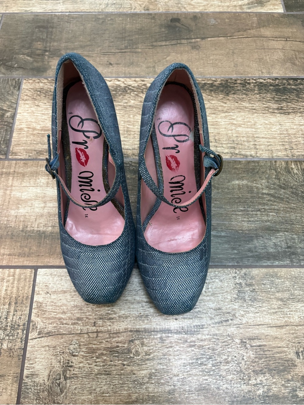 Promise Denim-Textured Blue Cross-Strap Heels